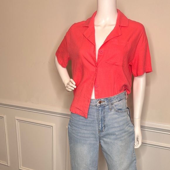 Women's Linen Short Sleeve Button Down Camp Shirt- A New Day, Pink - Picture 12 of 16